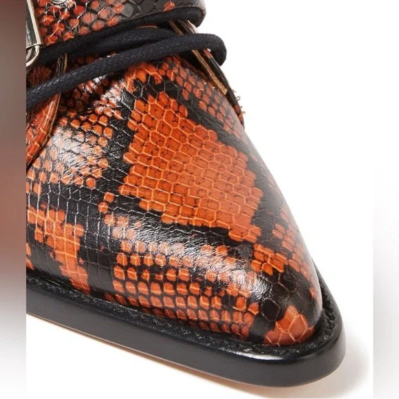 New! CHLOE Rylee Snake-Effect Leather Ankle Boots | Lace-Up Cutout Block Heel - Picture 3 of 16